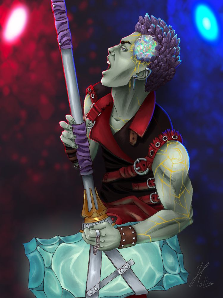 Ashton Greymoore, an earth genasi dressed in punk attire, from Critical Role. They are using a large glass crystal hammer as an air guitar with red and blue lighting effects.