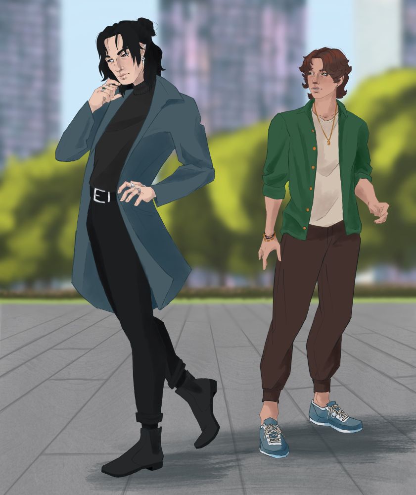 Digital artwork depicting two figures walking past each other in a city park. One looks very broody and dressed in black and blue while the other is looking towards the broody one with interest. The other figure is dressed in earthy tones. Asher is the broody one, Cy is the one in earth tones.