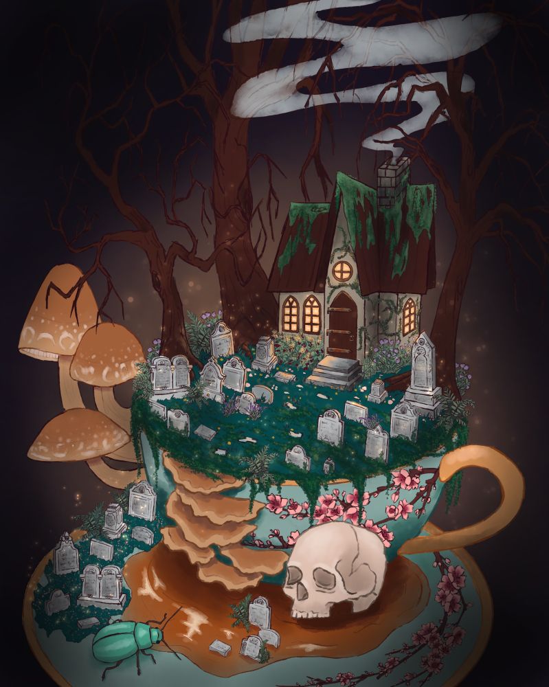 An image depicting a teacup and saucer with a cemetery and house inside of it with spindly trees. Includes mushrooms, a skull, tea, and a green beetle along the bottom of the cup and on the saucer. 