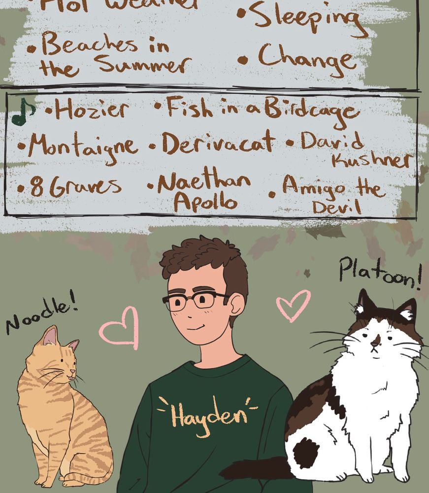 A close up of the cute simplified drawing of the man and the cats. The man is named Hayden and has white skin, brown hair, and glasses. To his left is a pale orange tabby cat named Noodle and to his right is a large fluffy main coon-esque type cat of white, brown, and black named Platoon.