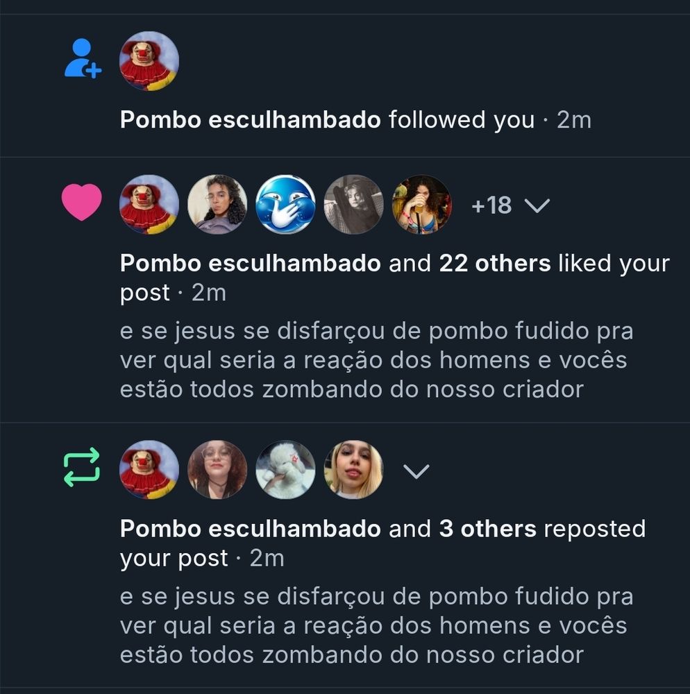 print mostrando que uma conta chamada "pombo esculhambado" repostou e curtiu meu post dizendo que o pombo fudido era jesus disfarçado e depois me seguiu
