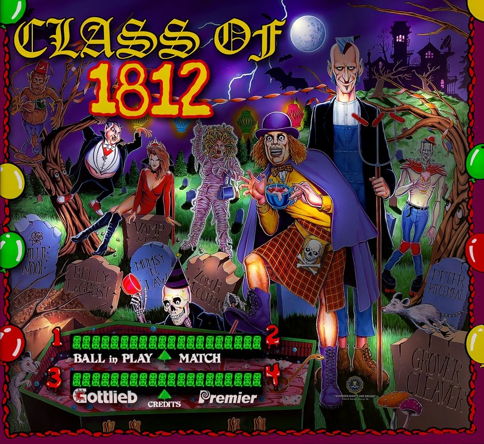The back glass for the Gottleib Pinball Machine, Class of 1812. Which has a variety of off-brand villains in different gothic/Halloween outfits in a graveyard 