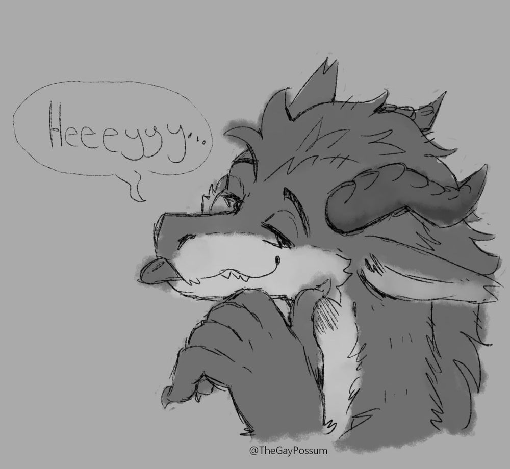 Grey tone sketch of an anthro fluffy eastern dragon resting their snout on their paw as they flirtatiously look at the camera with their tongue out saying “Heyyy..”