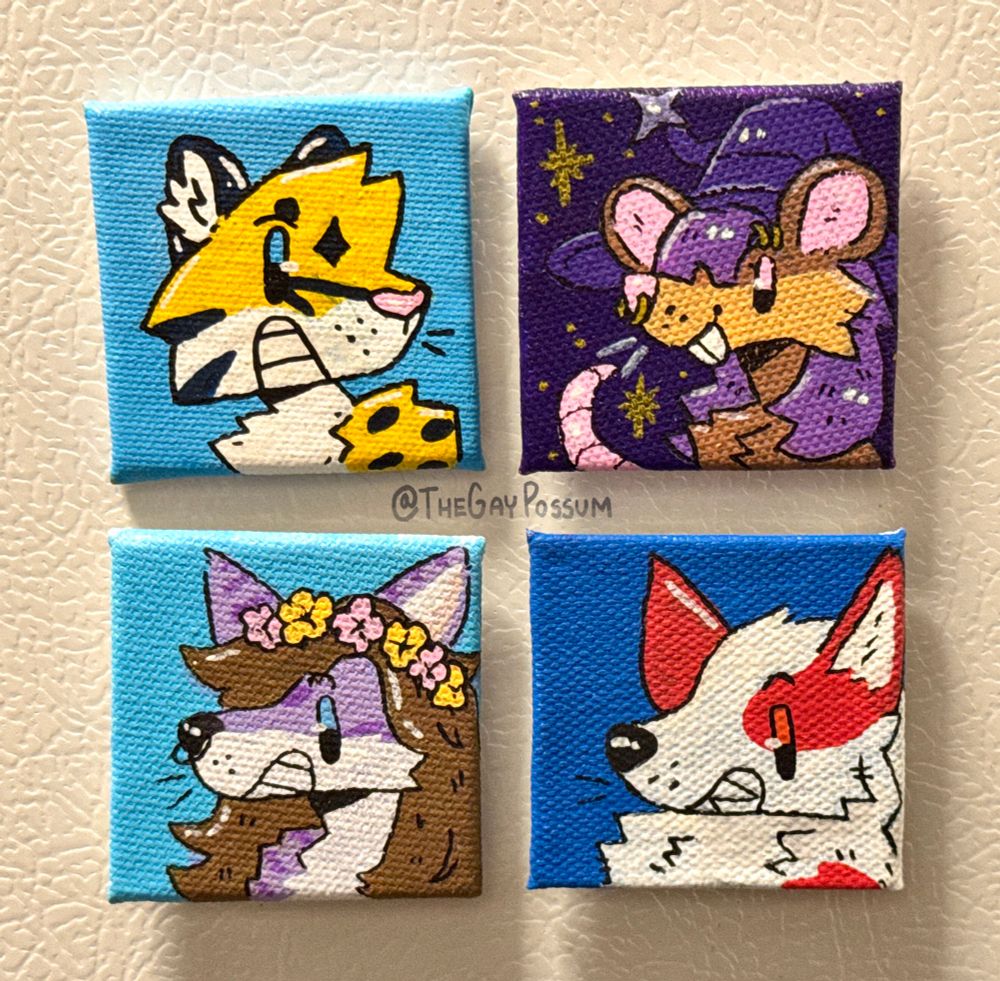 Four magnets made of canvas, each featuring different fursonas. From top left to bottom right is a kodkod, a witch rat, a purple hybrid fennic fox-cat-wolf, and a red arcanine. 