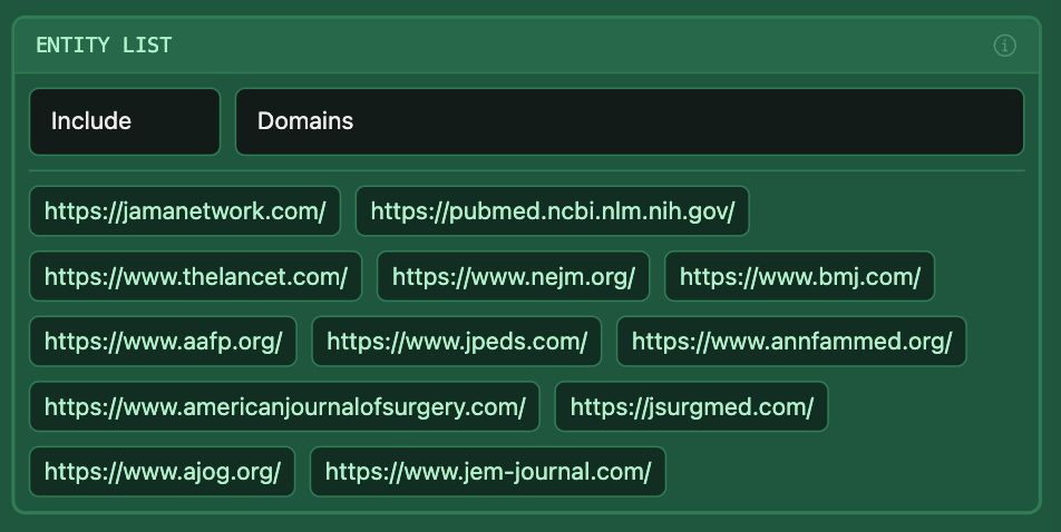Node from Graze social showing URLs for JAMA, Pubmed, The Lancet, NEJM, BMJ, AAFP, Journal of Pediatrics, Annals of Family Medicine, the American Journal of Surgery, the Journal of Surgery and Medicine, the American Journal of Obstetrics and Gynecology, and the Journal of EM