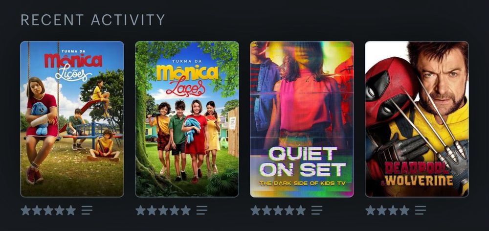 Trecho do meu perfil do Letterboxd. Os quatro filmes recentes que eu assisti foram: turma da Mônica lições, turma da Mônica laços, Quiet on set e Deadpool e Wolverine.