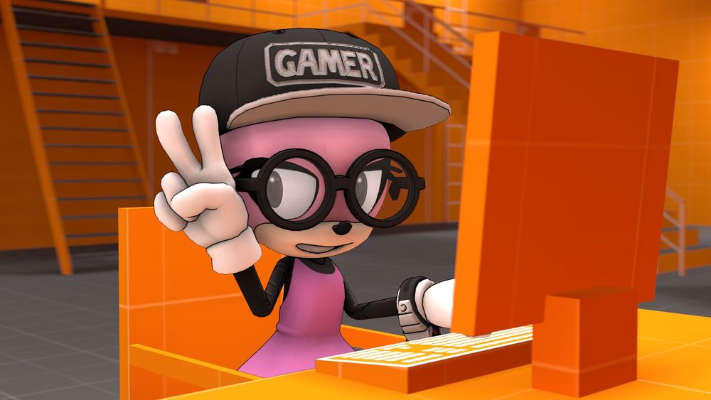 My Sonic Forces avatar, a pink hedgehog with glasses, a Gamer hat, glasses, black sleeves, and a pink dress, sits at her computer, it and the room made entirely of Source Engine developer textures.