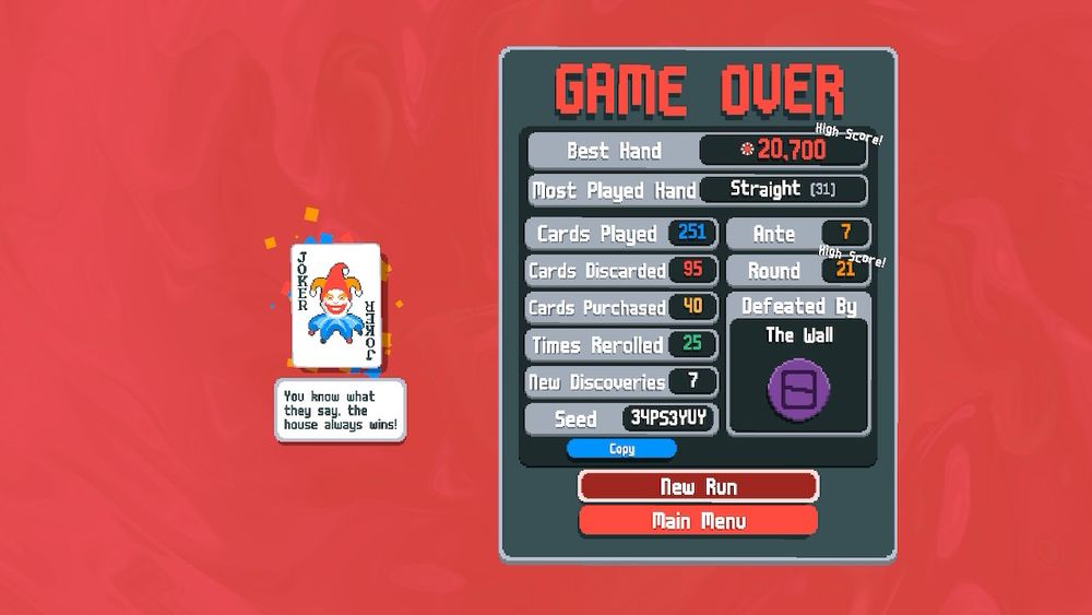 The Game Over screen, showing a death at Ante 7.