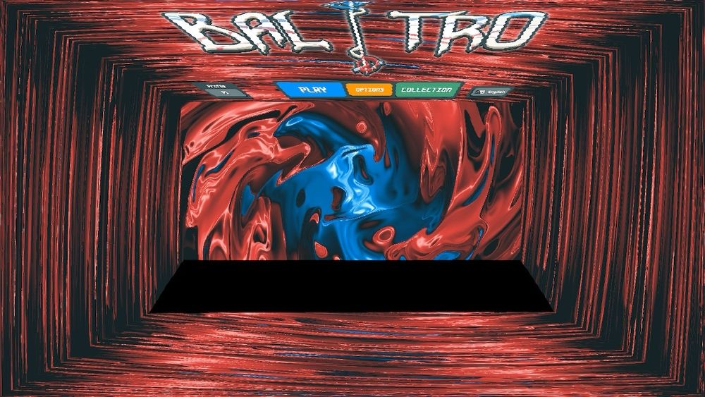 The Balatro title screen. The background is zoomed out, empty, and surrounded by glitchy graphics.