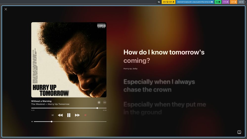 The Apple Music Now Playing fullscreen view. The currently playing song is "Without a Warning", and the highlighted lyric is "How do I know tomorrow's coming?"

The lyrics appear in large text next to the album art and media controls.
