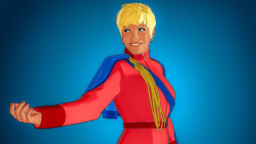 Illustration of a woman with short blonde hair in the garb of fantasy royalty. She's reaching her hand to someone off-camera and smiling.