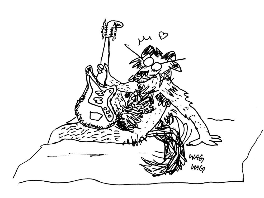 anthro dogman in the nude with a guitar conveniently positioned in front of the crotch