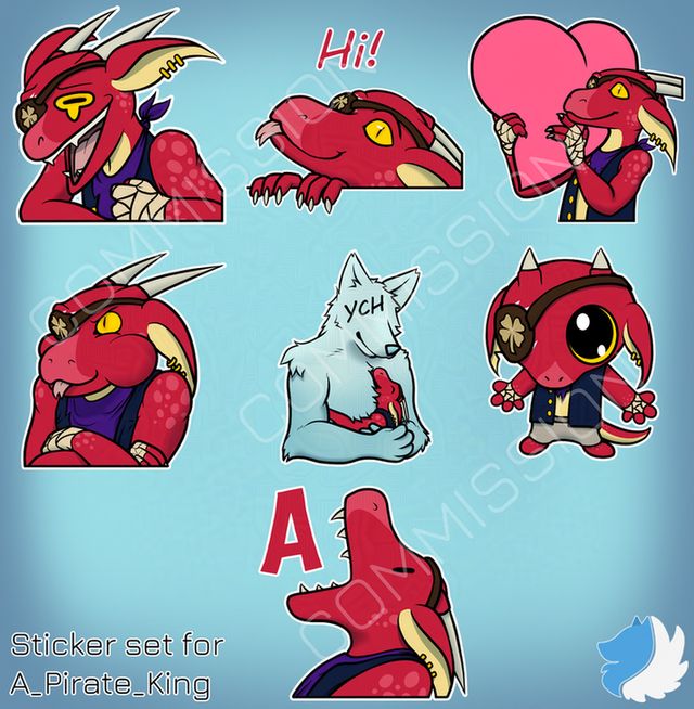 A finished sticker set featuring a kobold character. They include wheeze laughing, peeking up to say Hi,holding a heart, pouting, a YCH hug, being a lil guy, and going A!