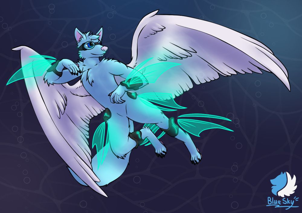 An anthro blue wolf with white wings, floating in a deep blue underwater setting
