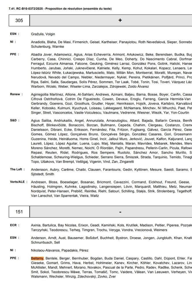 Résultats des votes sur l'ensemble de la résolution. 151 vote contre, dont Bellamy. 