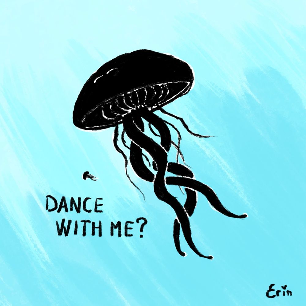 A huge jellyfish in the ocean is gently approached by a tiny one asking: “Dance with me?”. Drawing with all animals in black brush strokes on a bright blue background.