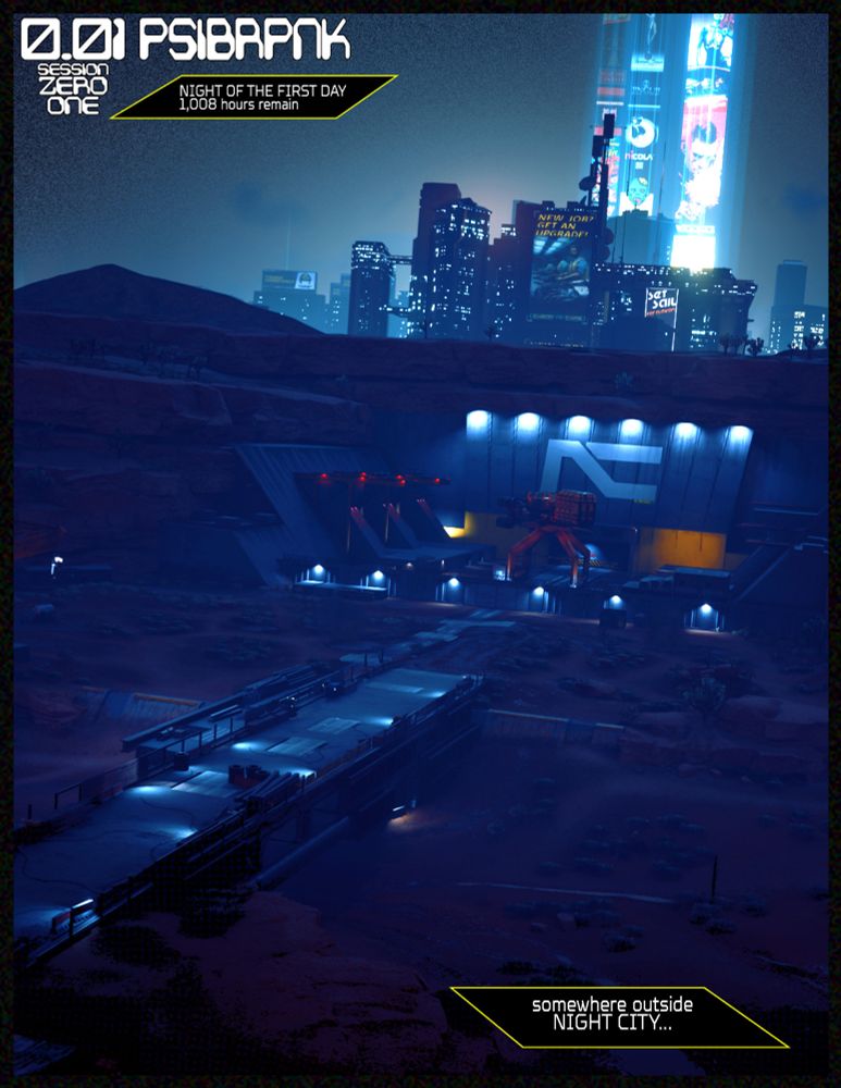 [We open with a shot of the BADLANDS TUNNEL ENTRANCE. Static hangs in the sky above NIGHT CITY like a dead television channel.]

SETTING: NIGHT OF THE FIRST DAY
	         1,008 hours remain
SETTING: Somewhere outside
	         NIGHT CITY…
