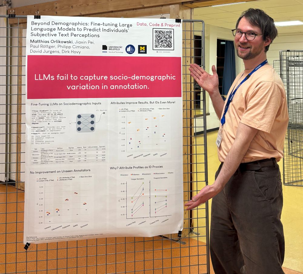 Picture of Matthias Orlikowski presenting a poster on the paper titled "Beyond Demographics: Fine-tuning Large Language Models to Predict Individuals’ Subjective Text Perceptions". The poster is similar to the one that will be presented at ACL 2025, showing a number of figures about the key results.