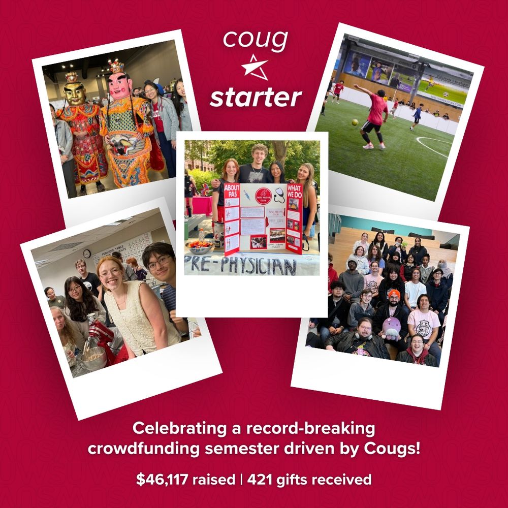 a graphic with polariod-style images of groups of students celebrates a record-breaking crowdfunding semester for CougStarter, with $46,117 raised and 421 gifts received