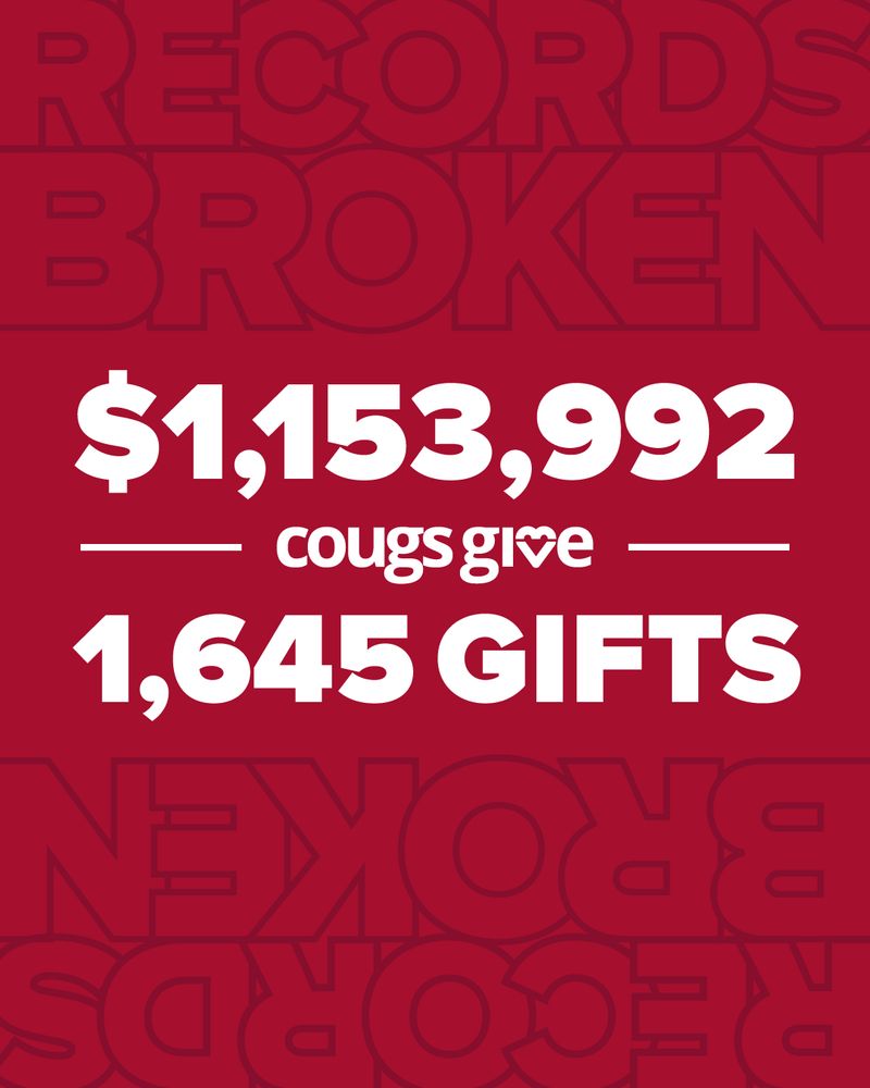 Graphic states "records broken" for CougsGive on a crimson background, announcing a total of $1,153,992 across 1,645 gifts. 