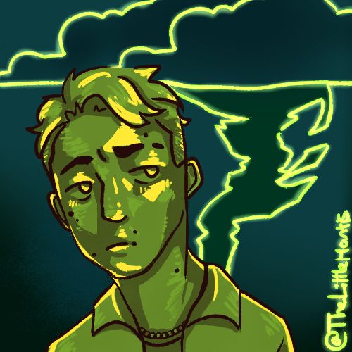 Brock (16), Staring off to the right Brock painted in freckles, having a shaven eyebrow and a chain around his neck, looks concerned as his fear of tornadoes is depicted in the background.