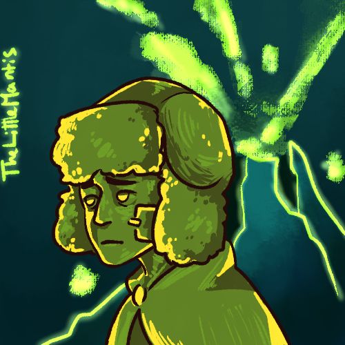 Trout (11), Adorned with bandages and a trapper hat Trout looks sadly to the side as his fear of volcanoes is depicted in the background. 