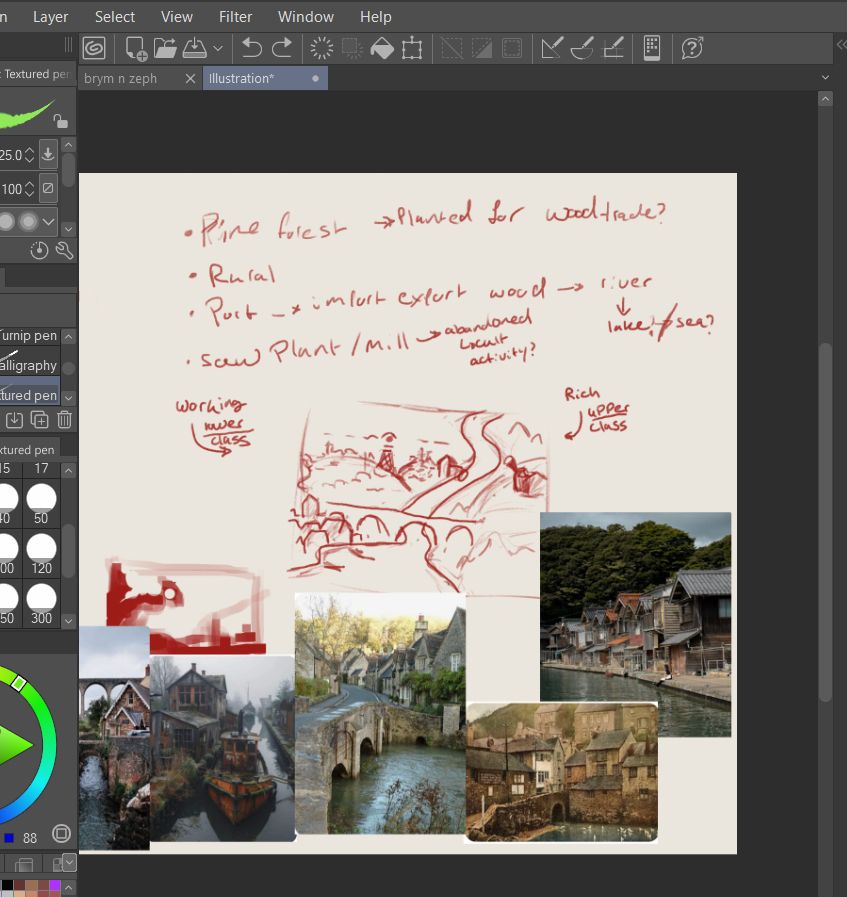 a collage of thumbnail sketches, ideas and photo references of port towns and rural towns. 