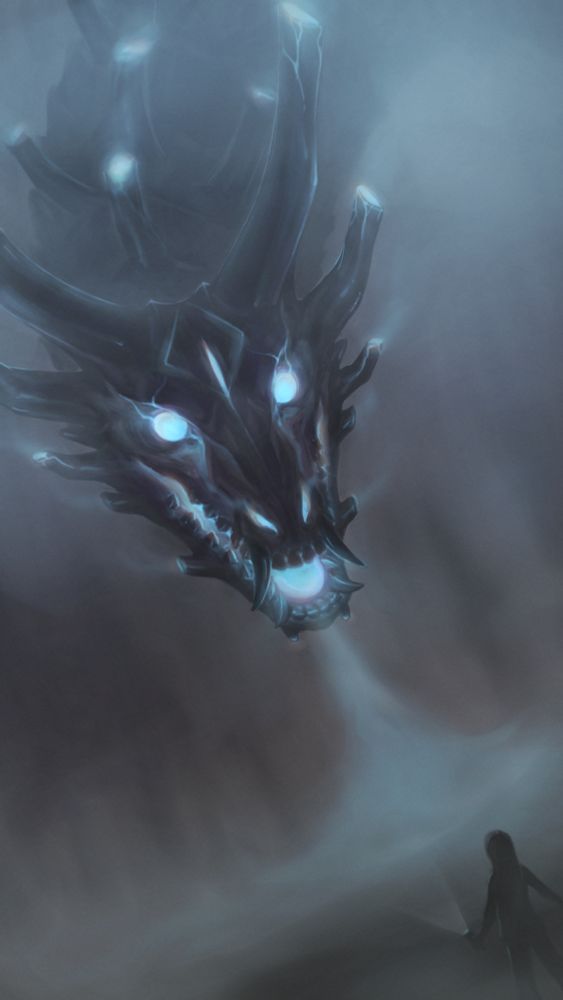 A black dragon with glowing blue orifices and pipe-like horns looms in front of a person holding a flashlight.  The scene is partially obscured by the fog the dragon is spewing from its mouth and horns. 