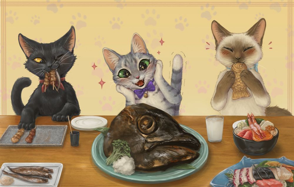 Three cats feasting on a variety of Japanese dishes.  The back cat on the left is stuffing her face with skewers and shishamo.  The gray tabby in the middle is excided by the tuna head. The Siamese on the right is nibbling a taiyaki. 