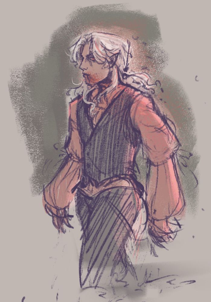 Colored sketch of a white haired man in red and black attire, looking menacingly at the viewer. I tried to imply that he is appearing again from invisibility, as his legs fade into the background.