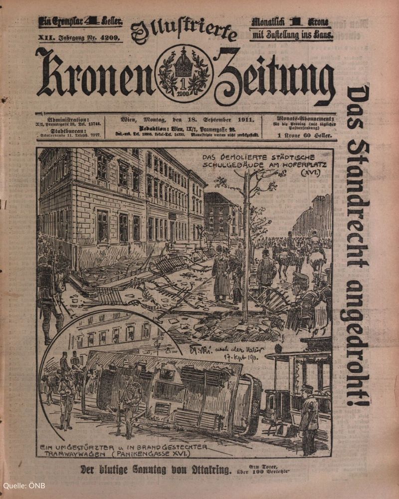 Die Titelseite der Kronen Zeitung mit einer Zeichnung von eingeschlagenen Scheiben und einer umgeworfenen Bim. Der Titel: Das Stanrecht angedroht!
