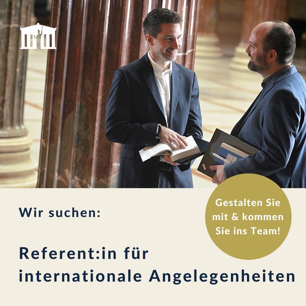 Text mit Grafik: Wir suchen eine bzw. einen Referenten bzw. eine Referentin für internationale Angelegenheiten. Gestalten Sie mit und kommen Sie ins Team!