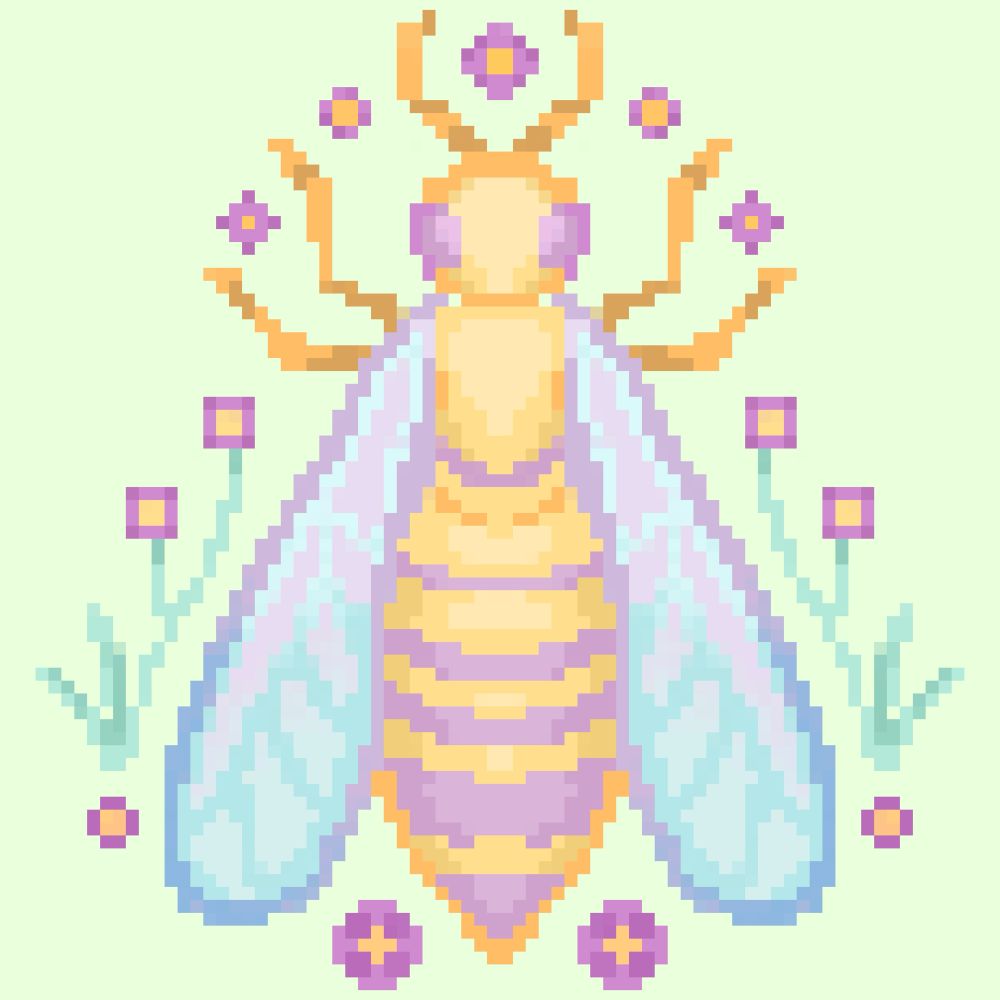 Pixel art of a yellow and purple honeybee surrounded by purple flowers
