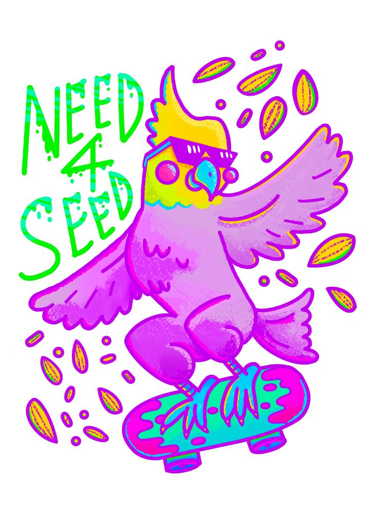 This is a digital illustration of a purple cockatiel bird riding a skateboard while surrounded by seeds. The text above the bird reads “need 4 seed”.