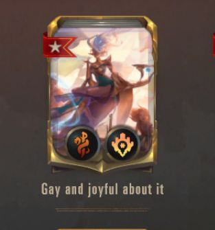 A cropped screenshot of my LoR collection screen showing a janna nilah deck titled "Gay and joyful about it"