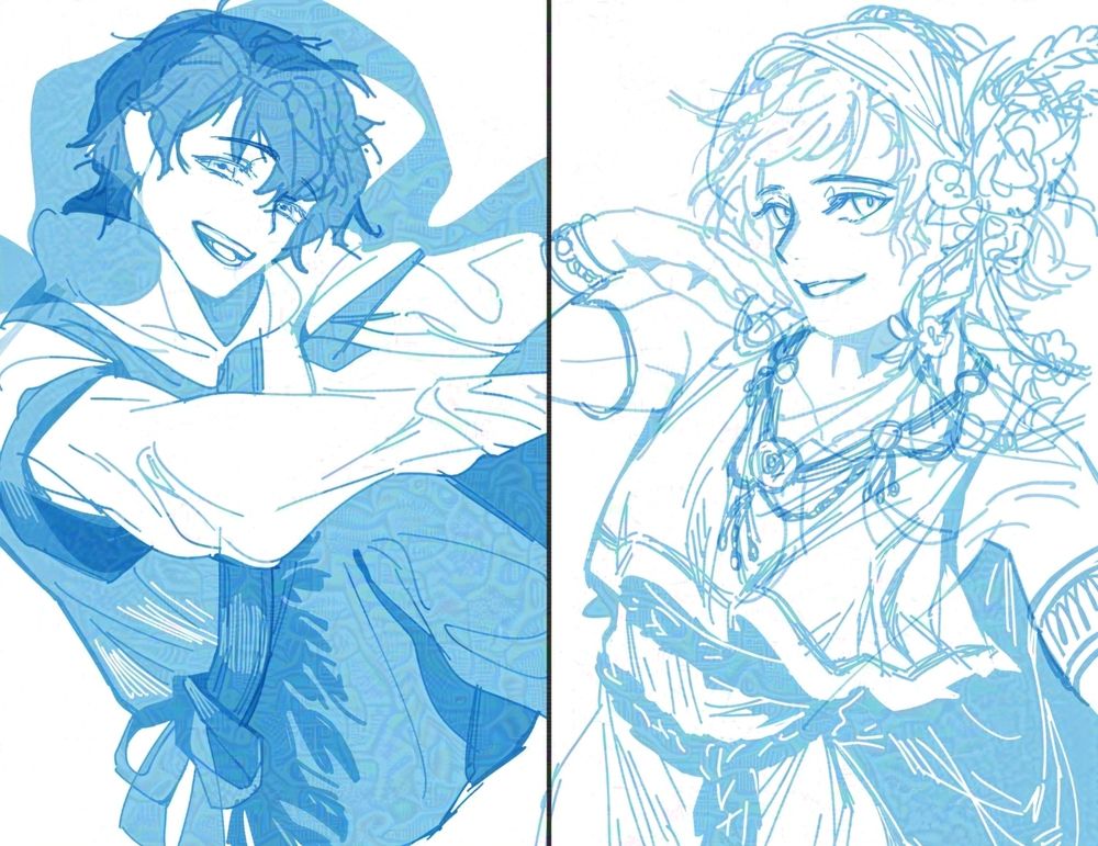 좌측엔 웃고 있는 흑발 곱슬머리 캐릭터가, 오른쪽엔 그리스풍 옷을 입고 미소짓고 있는 캐릭터가 그려져 있다.