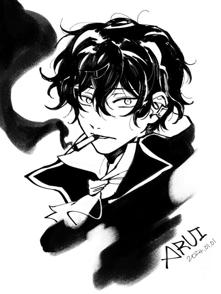 만화 Pandora Hearts의 등장인물 길버트 나이트레이를 그린 그림. 흑발 곱슬머리의 남자가 담배를 피우며 이쪽을 바라보고 있다.
우측 하단에 ARUI 2024.01.01이라고 써져 있다.