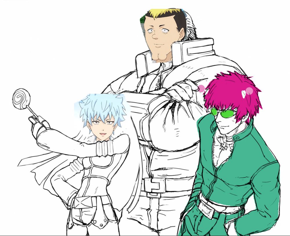 Unused concept art for K' Team in KOFXIII, showing the team smiling together. K' has Saiki K colours and the faces of Nendou and Kaidou are poorly edited over the faces of Maxima and Kula respectively