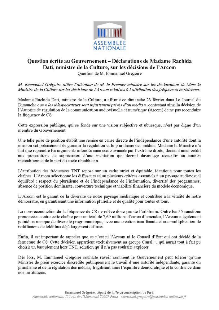 Question écrite sur les déclarations de Rachida Dati sur l’Arcom

Question de : M. Emmanuel Grégoire
