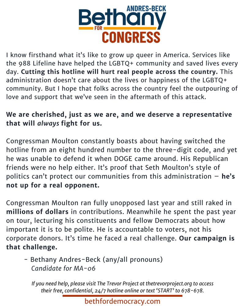 Press release from Congressional candidate Beth Andres-Beck condemning recent cuts to the 988 Lifeline. 