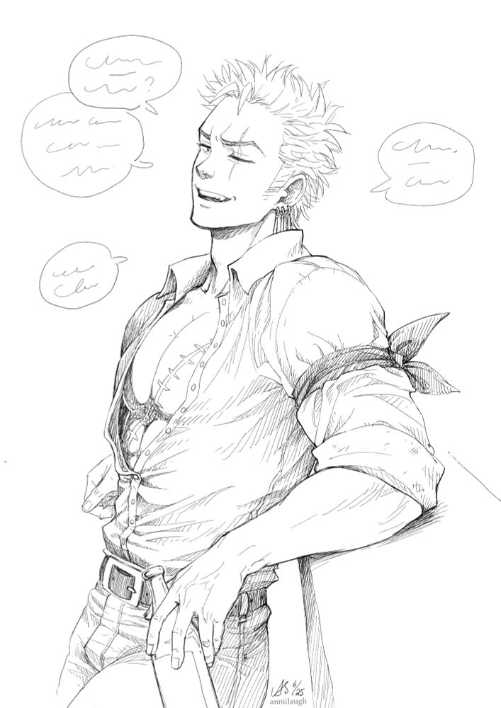 Drawing of Zoro from One piece leaning his back and shoulders on a bar counter, lazily holding a bottle of some liquor. His button-up shirt is half way open flaunting his chest, sleeves rolled up. He’s confidently dishing out allegedly the worst pick up lines (depicted with speech bubbles with scribbly unreadable text) with a charming smile