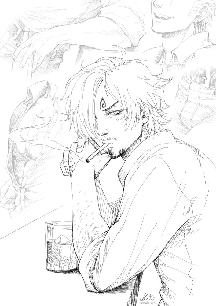 Drawing of Sanji from One piece leaning onto his hands in front of a whiskey glass at bar counter, smoking. He’s lost in thought with a slight blush on his cheek, eye wandering down on Zoro’s snack of a body while he’s hitting on him. Too bad (luckily?) Sanji’s ears stopped working the moment he turned his head