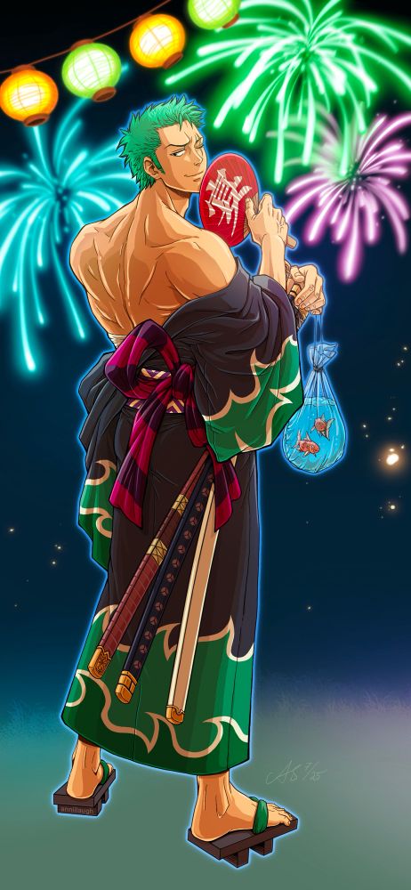 Zoro from one piece looking over his shoulder in a back revealing grey and green yukata. He’s looking at the viewer with a smug and flirty expression, leaning his head back a little and touching his chin with a fan. On his other hand he’s holding a plastic bag with 2 goldfish while leaning on his sword hilt. On the background there’s a fireworks illuminated night sky and a string of paper lanterns, creating a matsuri feel. 