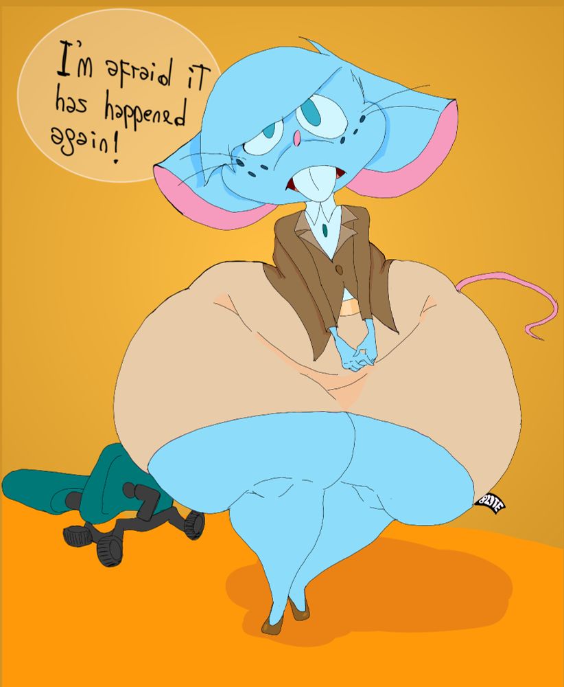 Cartoon blue mouse with outrageously wide hips approaches the viewer in an apologetic manner, just behind her a broken, turned over office chair. Speech bubble reads "I'm afraid it has happened again!"