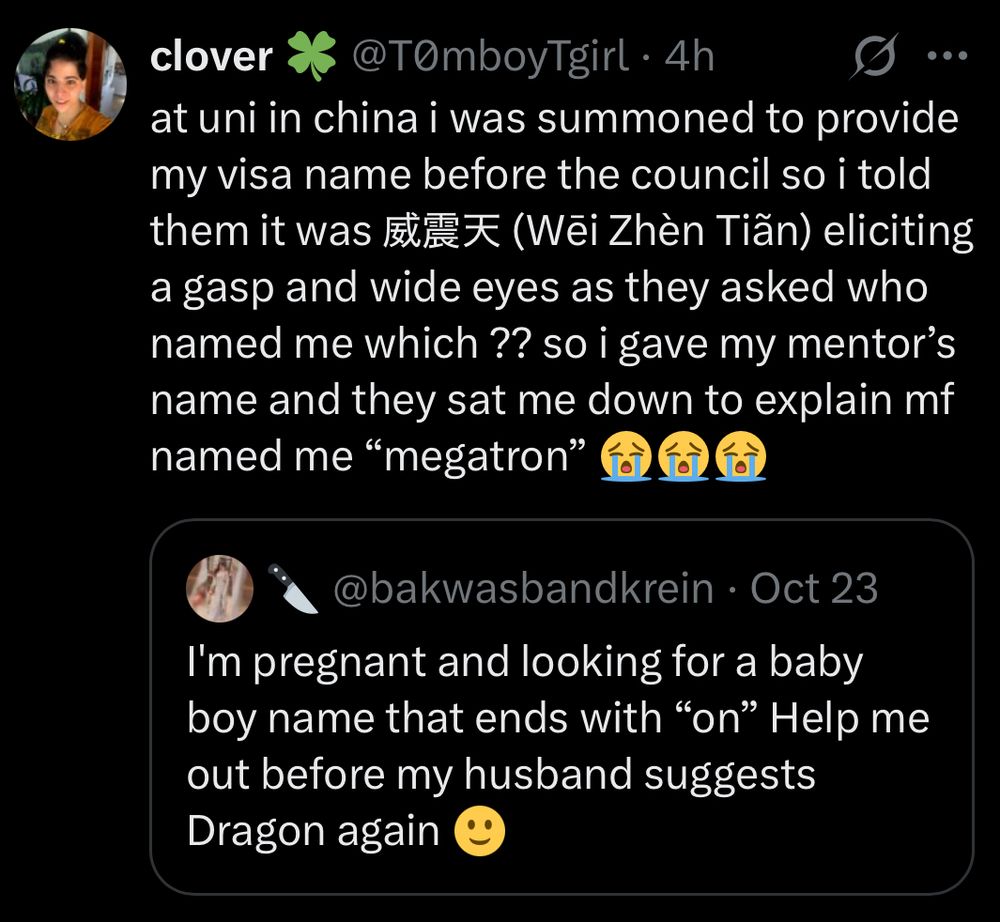 @bakwasbandkrein
I'm pregnant and looking for a baby boy name that ends with "on" Help me out before my husband suggests Dragon again 🙂

clover @TOmboyTgirl
at uni in china i was summoned to provide my visa name before the council so i told them it was 威震天(Wei Zhèn Tiãn) eliciting a gasp and wide eyes as they asked who named me which?? so i gave my mentor's name and they sat me down to explain mf
named me “megatron” 😭😭😭
