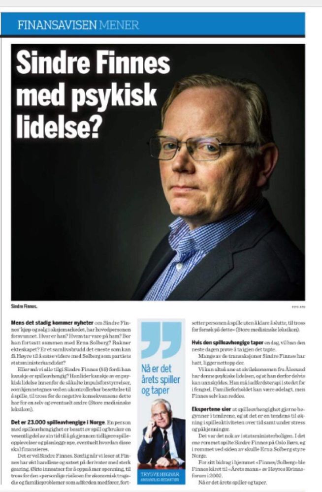 Skjermbilde av Trygve Hegnars lederartikkel i Finansavisen om Sindre Finnes' psykiske helse