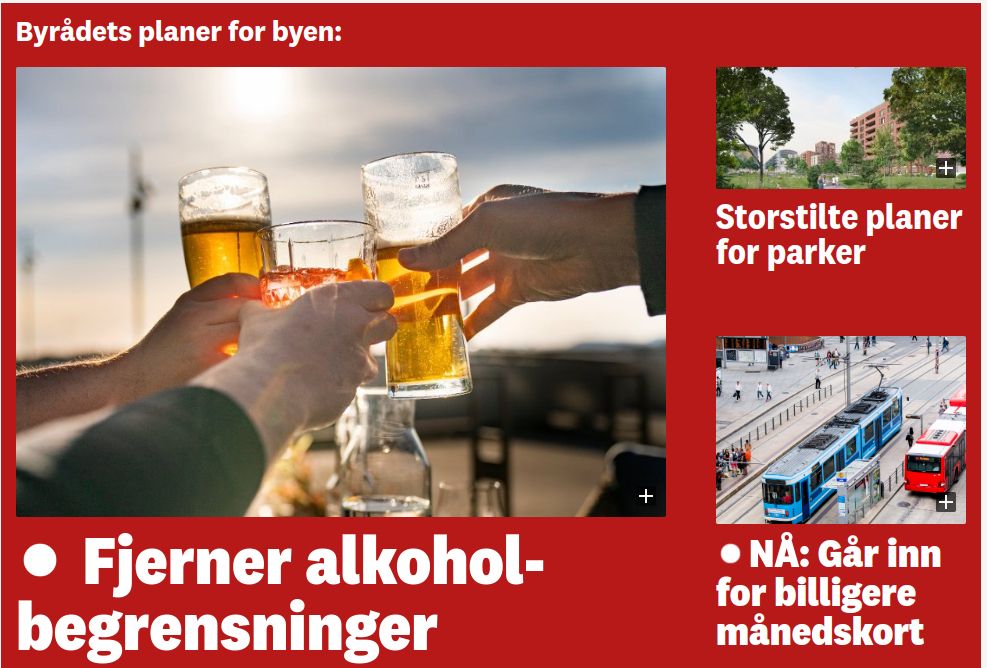 Overskrifter fra Avisa Oslo: Byrådets planer for byen, Fjerner alkoholbegrensninger, Storstilte planer for parker, Går inn for billigere månedskort