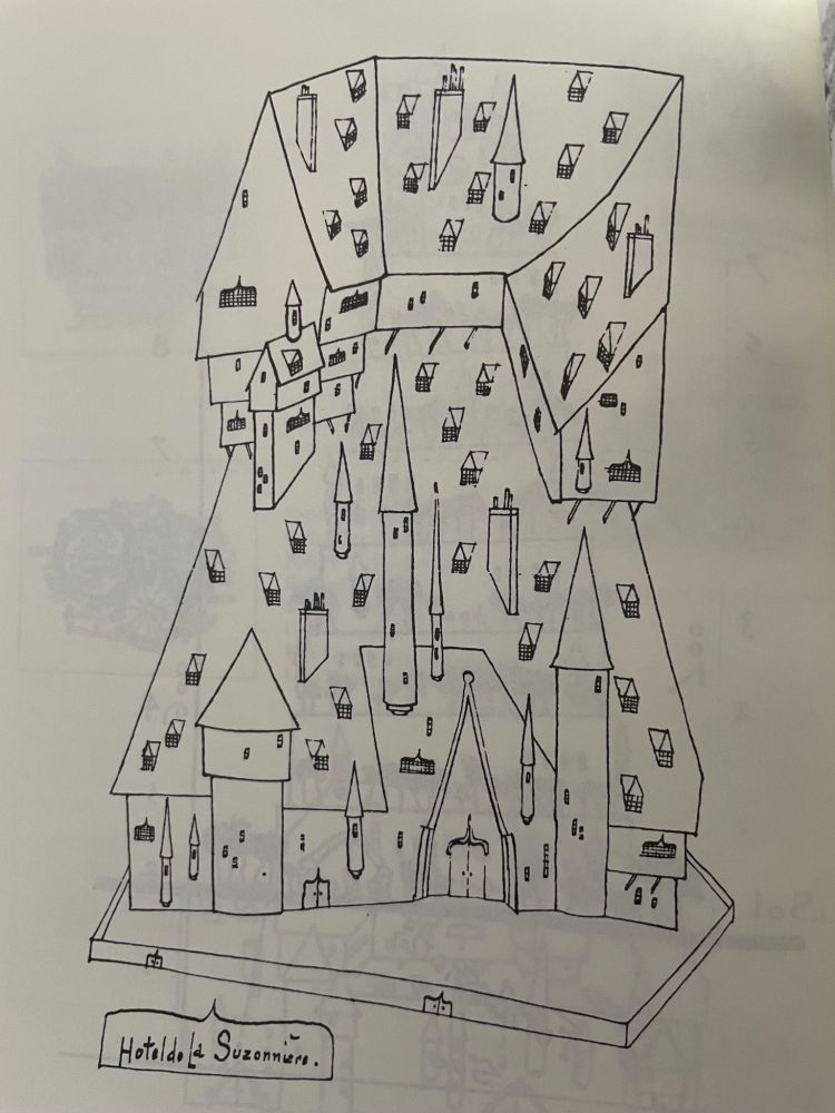Drawing of a gigantic castellated chateau with impossible, yet recognizably gothic architectural features and innumerable gabled windows. 