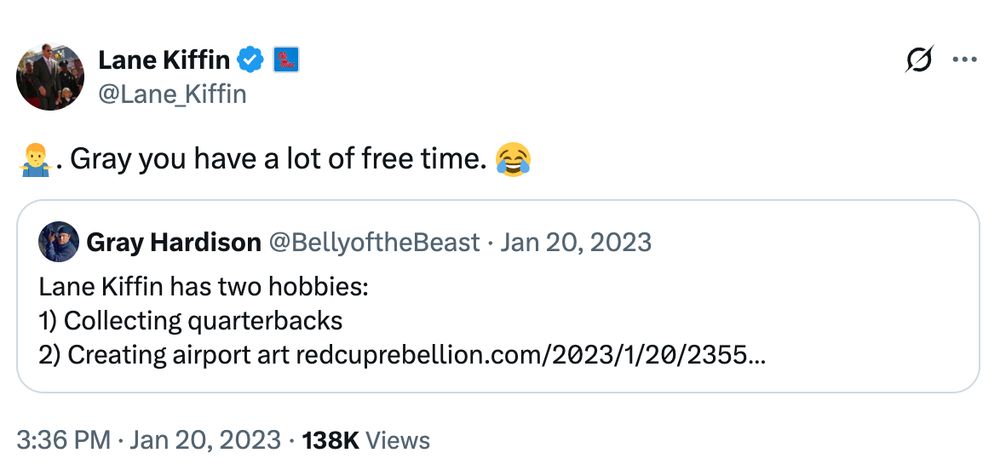 Lane Kiffin tweet roasting me for writing about all the no-context pictures he takes of airport signs.