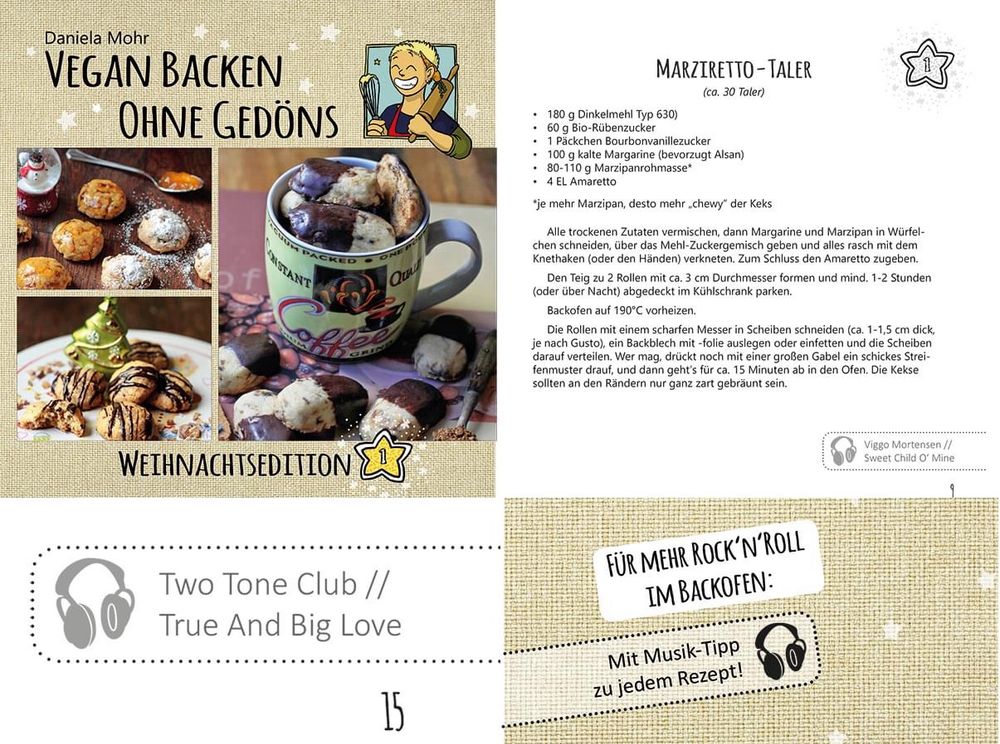 Titelseite von Daniele Mohrs „Vegan Backen ohne Gedöns“ und ein Rezept für Marziretto-Taler